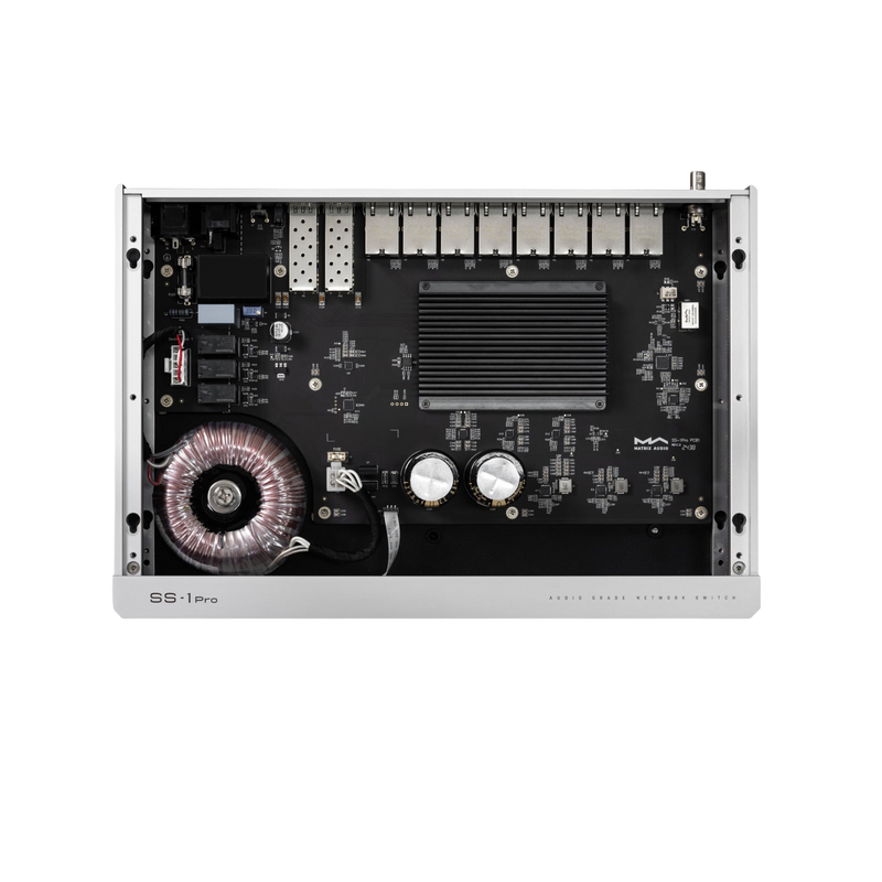 Undentia AB Matrix Audio SS-1 Pro audiophile network switch internal view showing toroidal transformer and circuitry