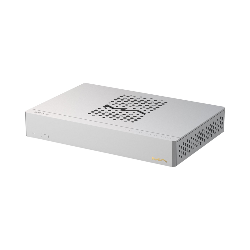 Undentia AB Matrix Audio SS-1 Pro silver audiophile network switch with CNC-machined aluminium chassis and ventilation