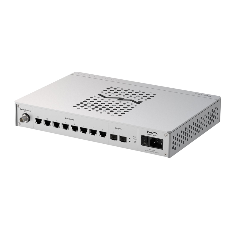 Undentia AB Matrix Audio SS-1 Pro audiophile network switch rear view showing Ethernet and SFP ports in silver aluminum