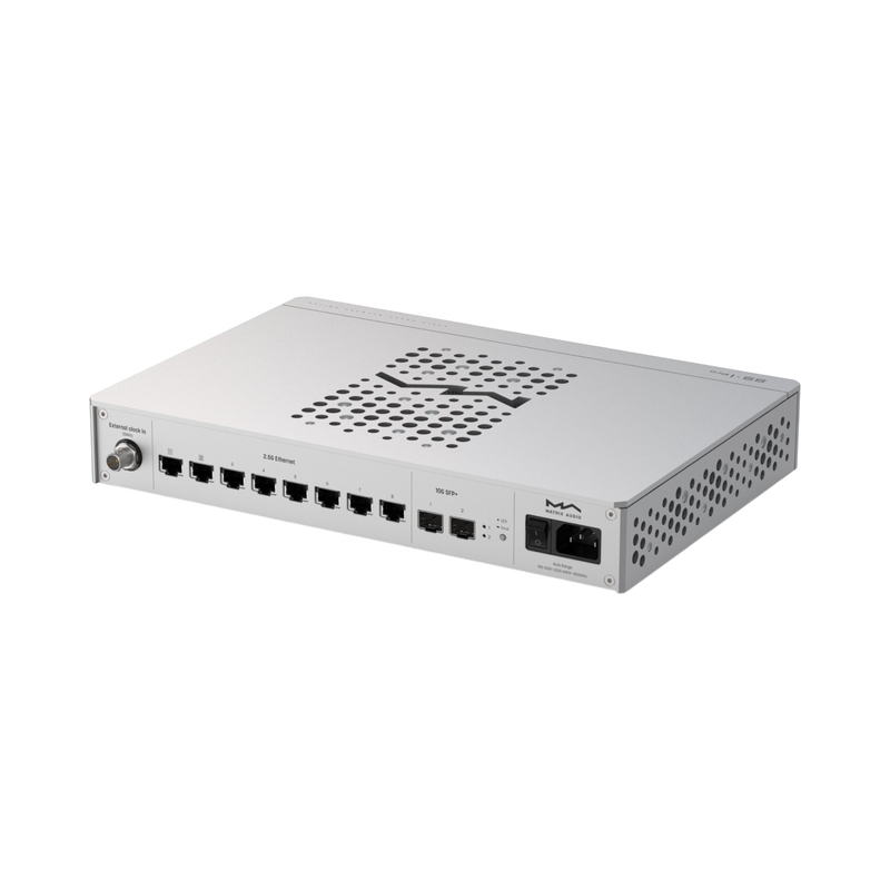 Undentia AB Matrix Audio SS-1 Pro audiophile network switch rear view showing Ethernet and SFP ports in silver aluminum