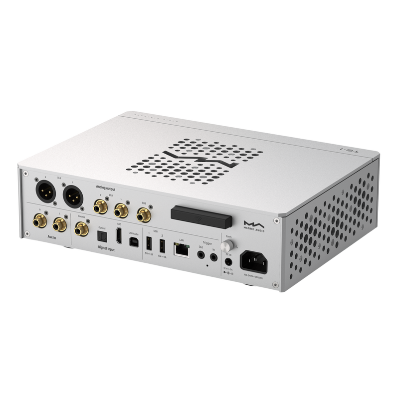 Undentia AB Matrix Audio TS-1 DAC and streamer rear panel showing XLR, RCA, HDMI ARC, USB, and Ethernet ports.