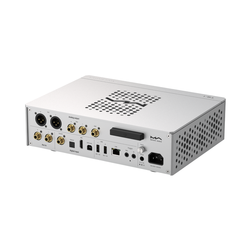Undentia AB Matrix Audio TS-1 DAC and streamer rear panel showing XLR, RCA, HDMI ARC, USB, and Ethernet ports.