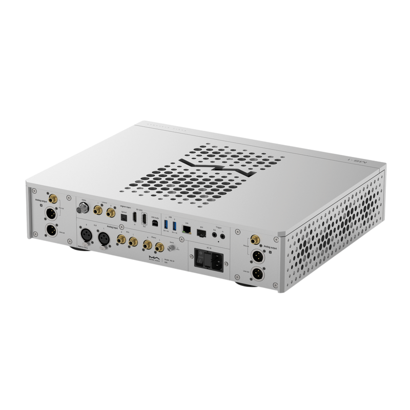 Undentia AB Matrix Audio MS-1 DAC and streamer rear panel showing XLR and RCA inputs, USB ports, and network connectivity.