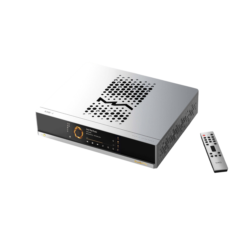 Undentia AB Matrix Audio MS-1 DAC and music streamer in silver with a high-resolution display and matching remote control