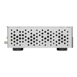 Undentia AB ND-1 DAC side view showing the silver aluminum chassis with ventilation holes and vibration-dampening feet
