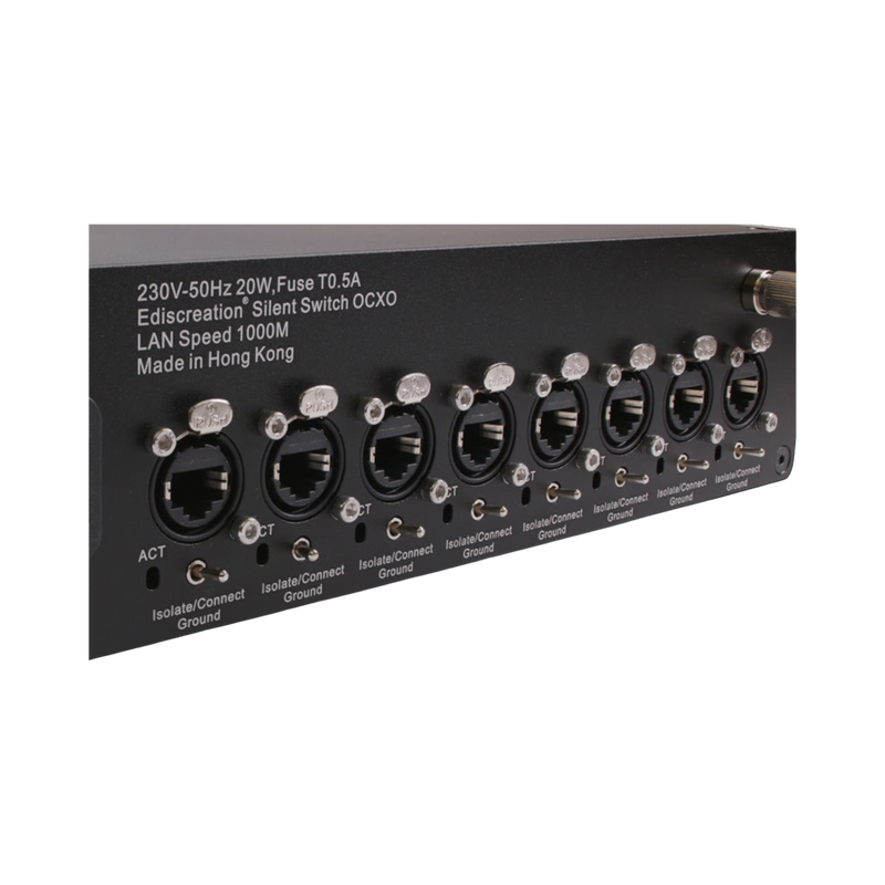 Undentia AB Ediscreation Silent Switch OCXO rear panel showing eight LAN ports with ground isolation switches.