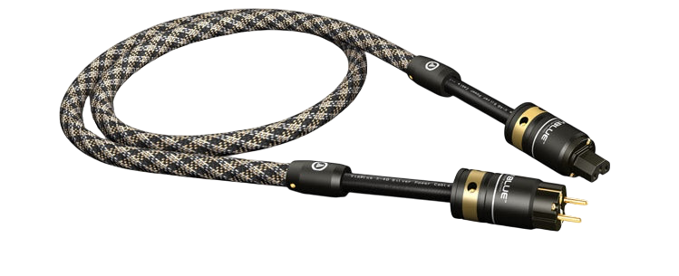 Undentia AB VIABLUE X-25 silver power cable with braided shielding and gold-plated connectors for audio systems.