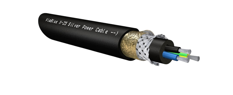 Undentia AB VIABLUE X-25 silver power cable with black insulation, braided shielding, and three internal conductors.